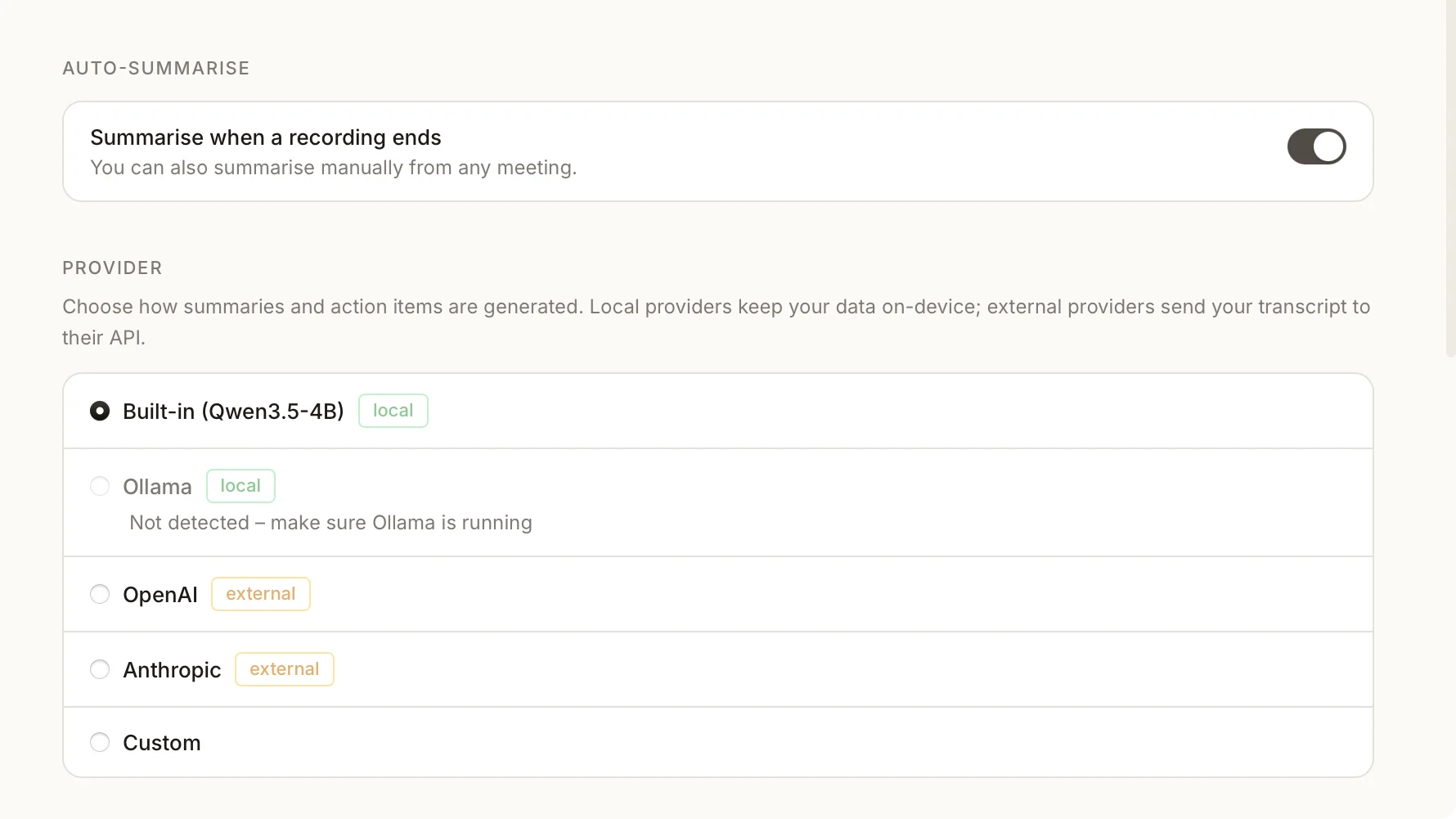 talat's summary provider picker, offering the built-in local model, an Ollama model, or a cloud provider connected with your own key.