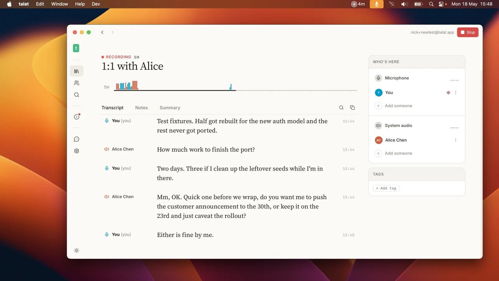 talat running entirely offline, with the line that all audio and transcript processing happens on your computer.