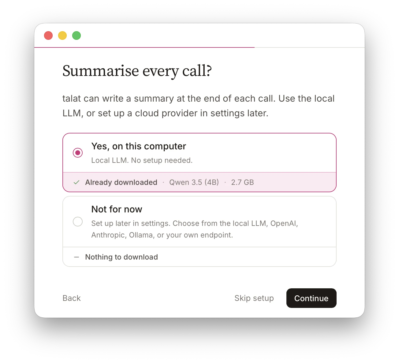 talat's summary setup, offering to write summaries on-device with the bundled local model or connect a cloud provider later.
