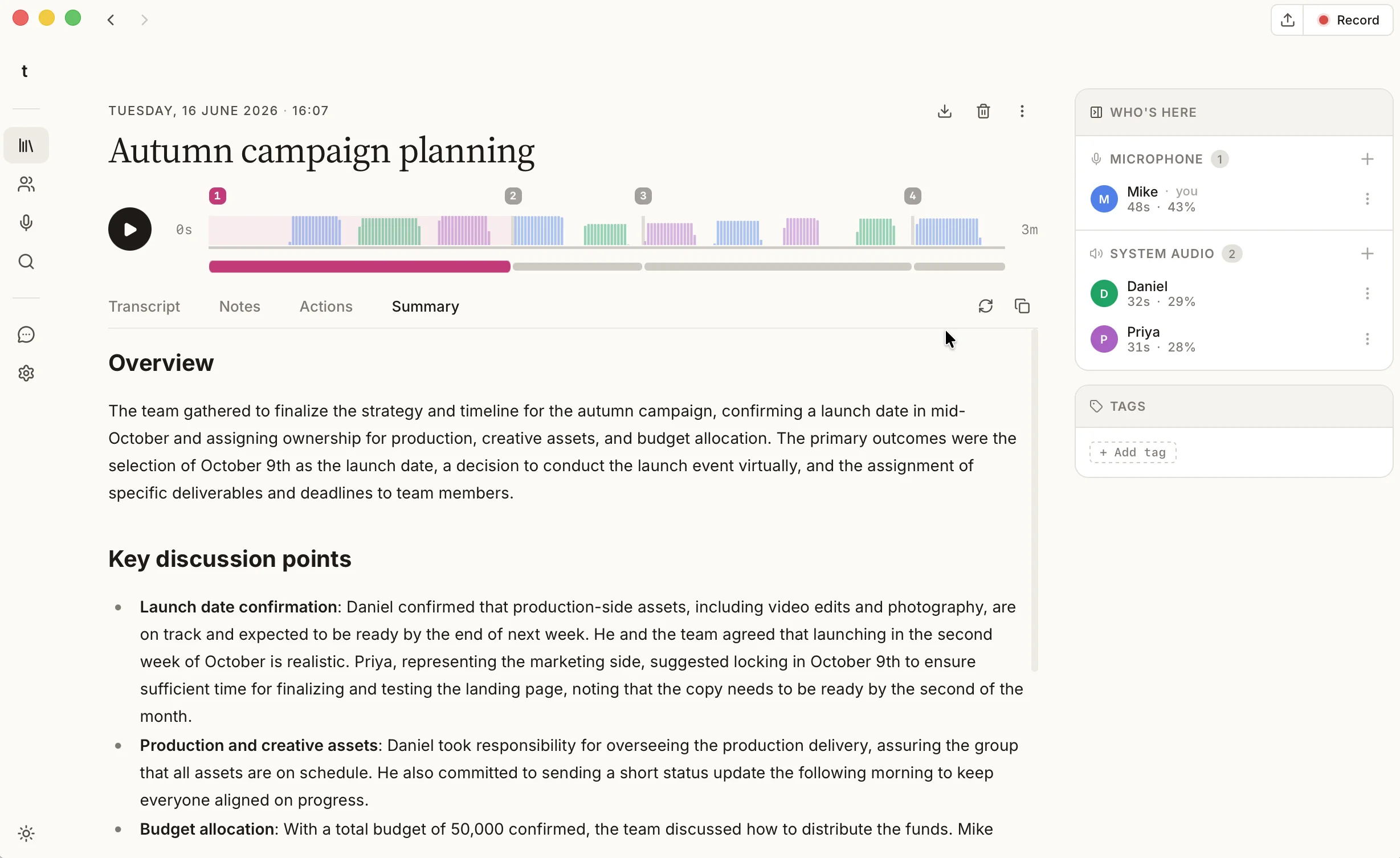 A finished talat summary with an overview, chapters, and a list of action items.